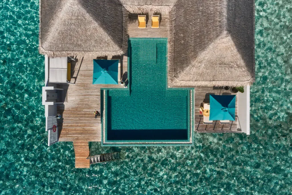 Finolhu two bedroom water pool villa from the air, Baa Atoll Maldives